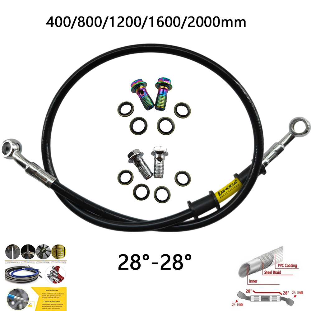 Braided Line - 28 ° -28 ° สายเบรคไฮดรอลิกมอเตอร์ไซค์สแตนเลสสตีลถักสีดำ M10