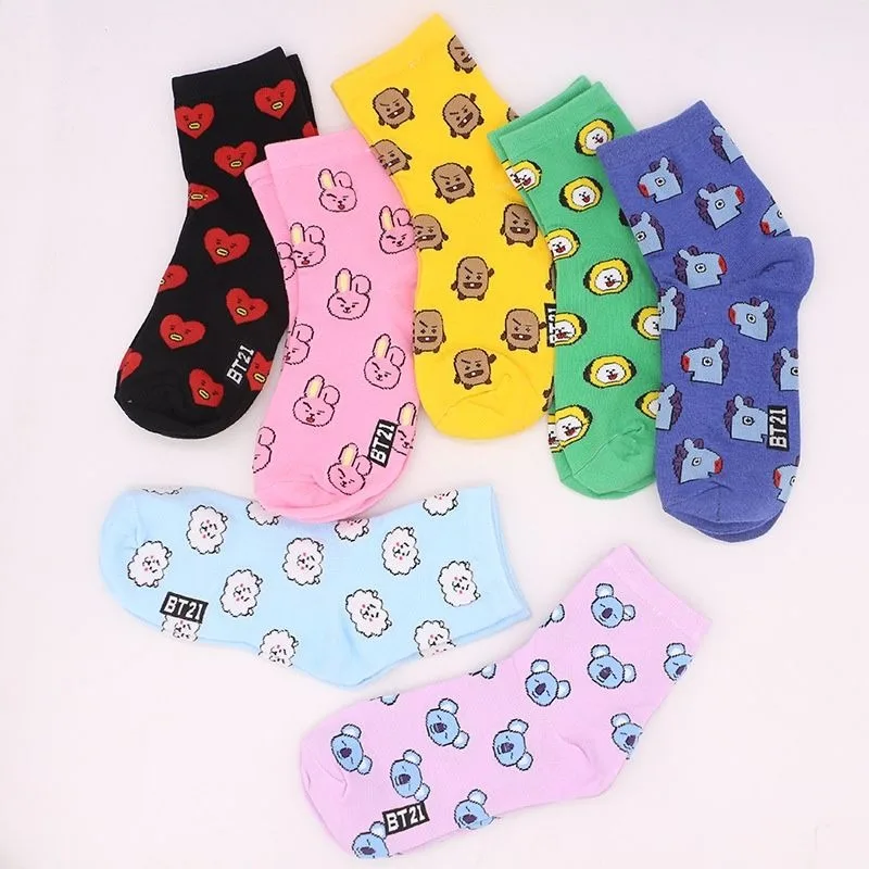 Tippet Line - ถุงเท้าการ์ตูน BT21 น่ารัก ถุงเท้าข้อกลางลายการ์ตูน TATA CHIMMY