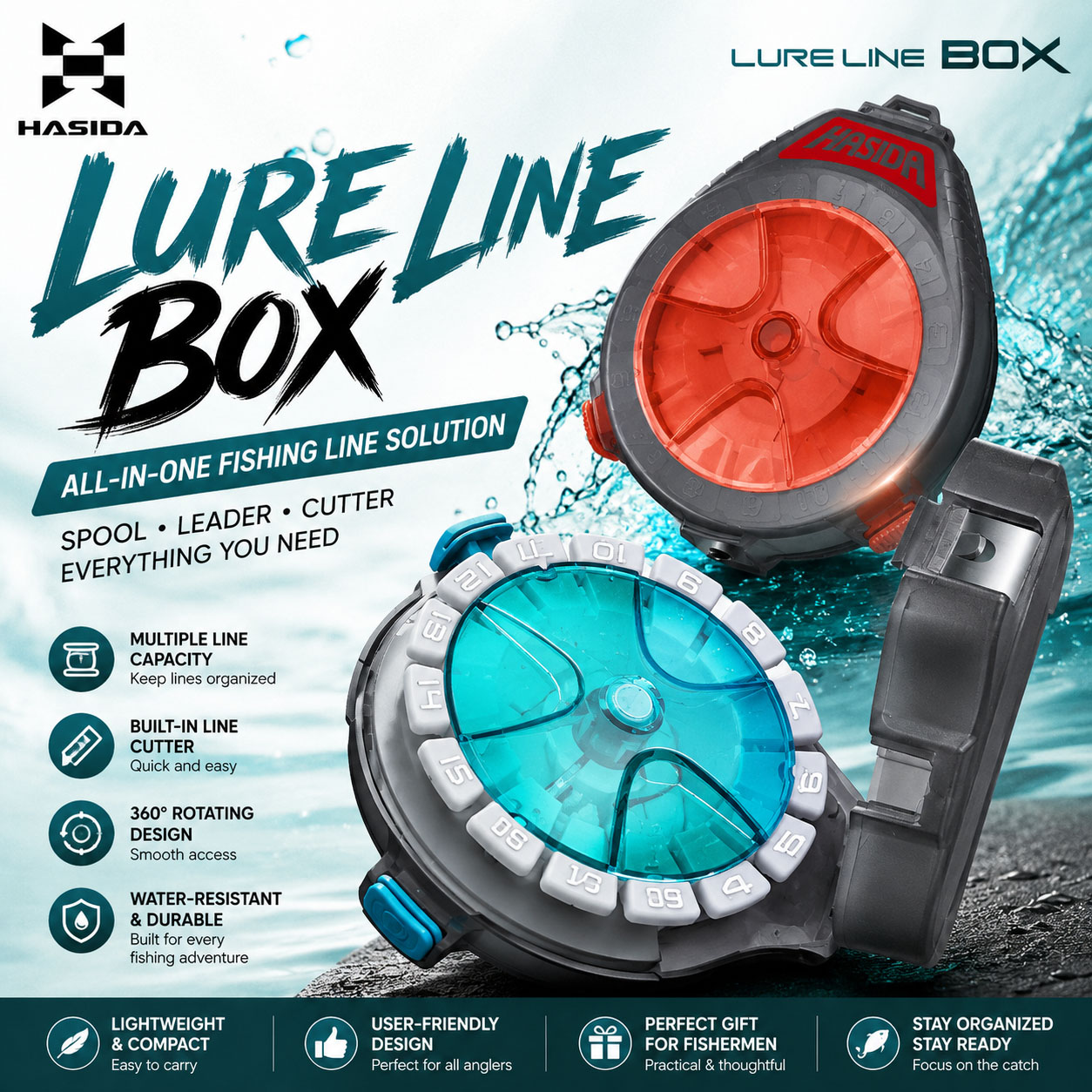 Fishing Line Box - กล่องอุปกรณ์ตกปลา HASIDA แบบพกพา พร้อมใบมีด แขวนได้ นำเข้า