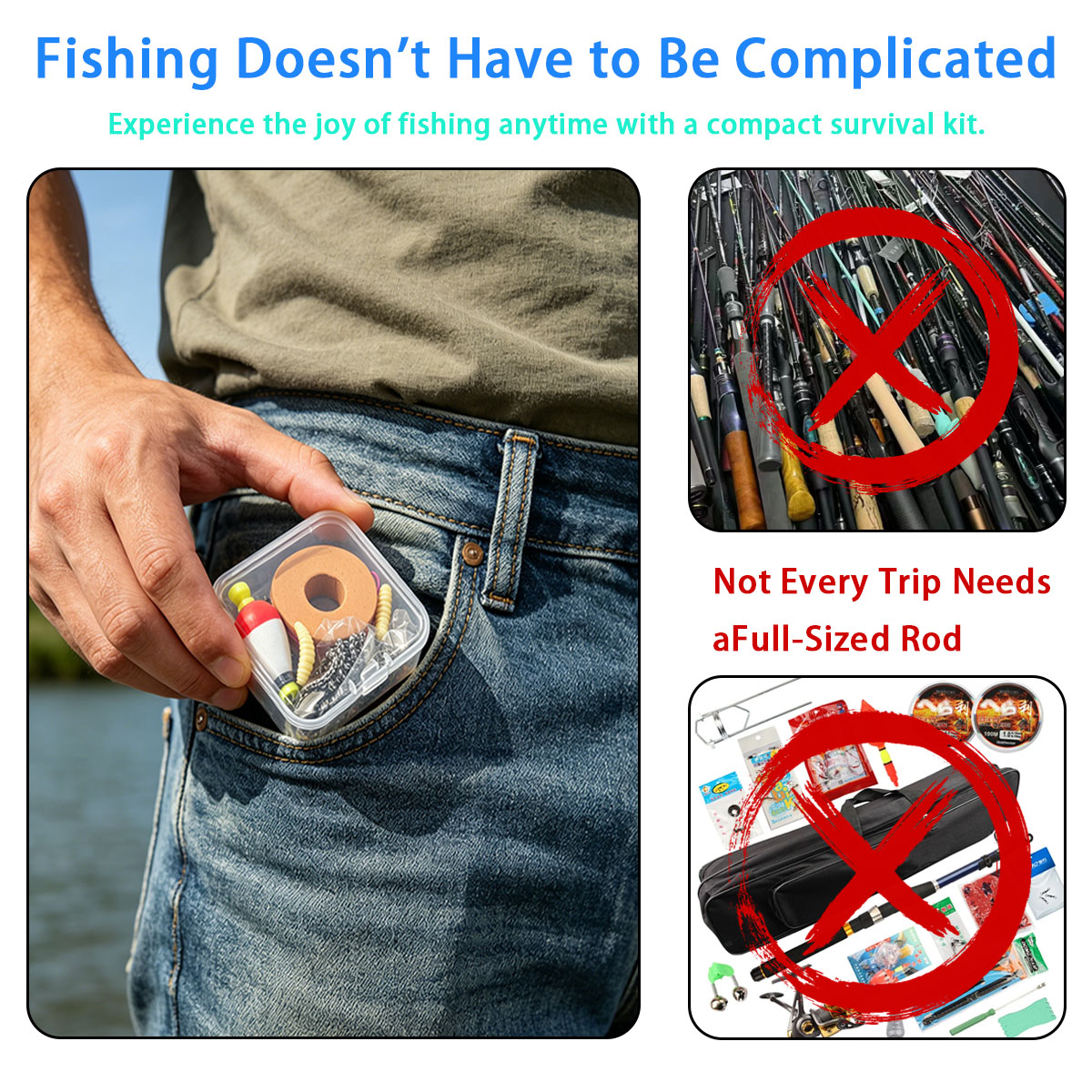 Fishing Line Box - ชุดอุปกรณ์ตกปลาฉุกเฉินแบบพกพา，ชุดอุปกรณ์ตกปลาฉุกเฉินกลางแจ้งแบบพกพาพร้อมบ็อบเบอร์, ตะขอ, เหยื่อล่อ, สายเอ็น และกล่องเก็บของ