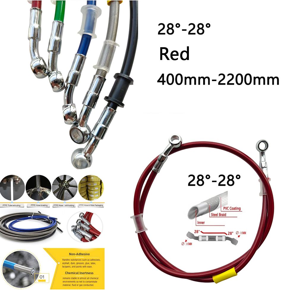 Braided Line - 28-28 สีแดง ยูนิเวอร์แซล สายเบรคไฮดรอลิกสำหรับรถจักรยานยนต์ สายถักเหล็ก ท่อน้ำมัน
